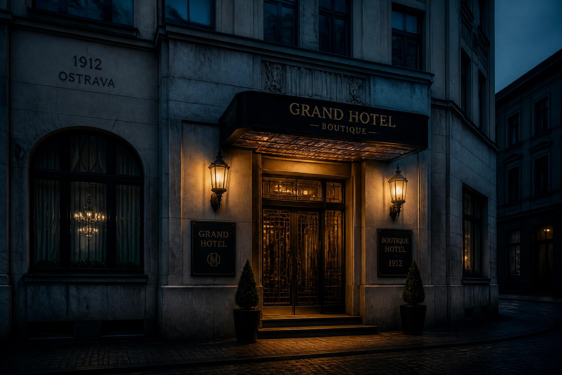 Historická fasáda Brioni Boutique Hotelu na Stodolní ulici za soumraku
