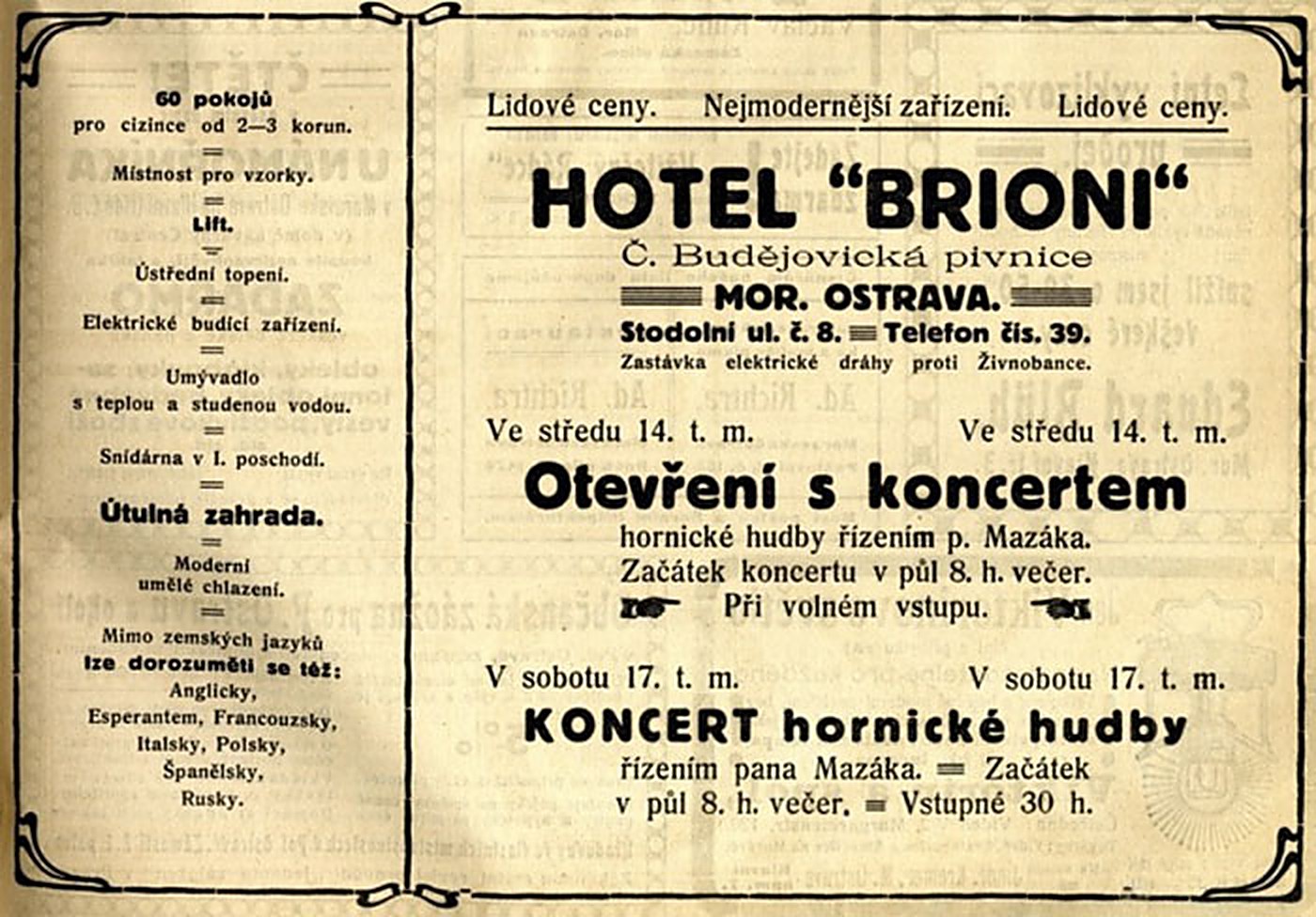 Dobový inzerát na otevření hotelu Brioni na Stodolní ulici č. 8