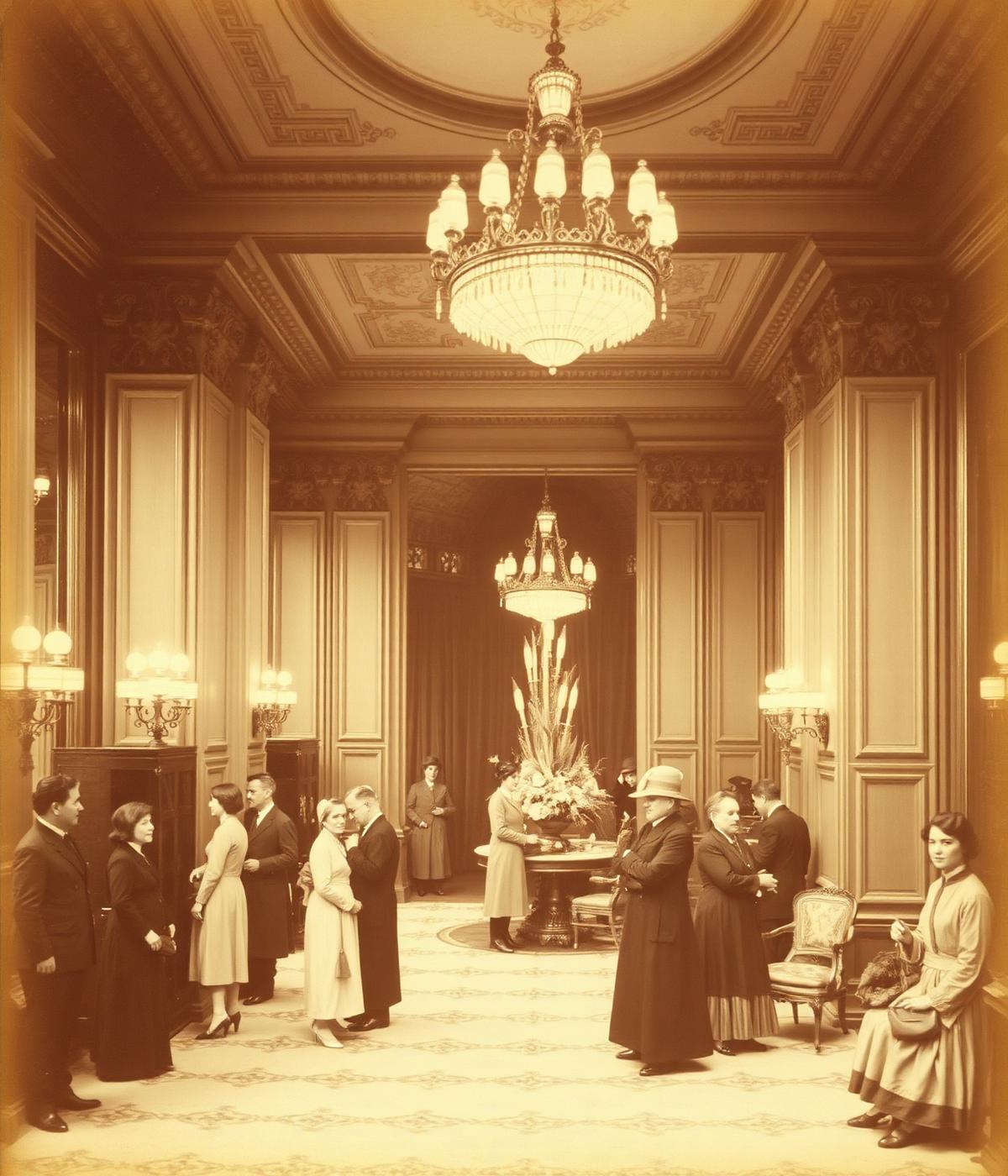 Historický snímek hotelové haly z roku 1912